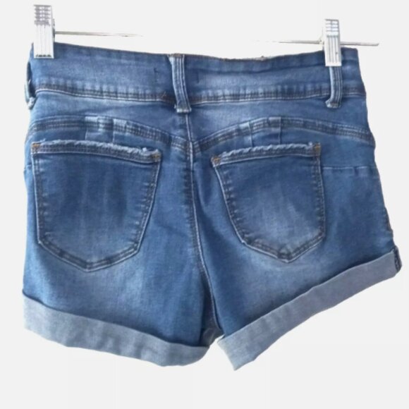 Forever 21 Women’s Blue Jean Shorts Size 5 Cuffed Stretch Pockets EUC Shading - Picture 2 of 10